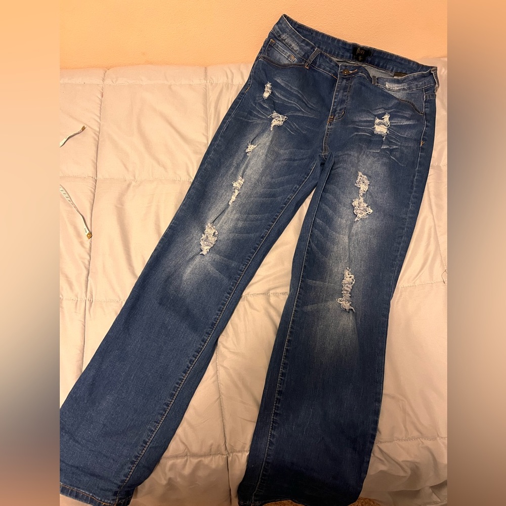 Lucky and Blessed distressed straight leg.